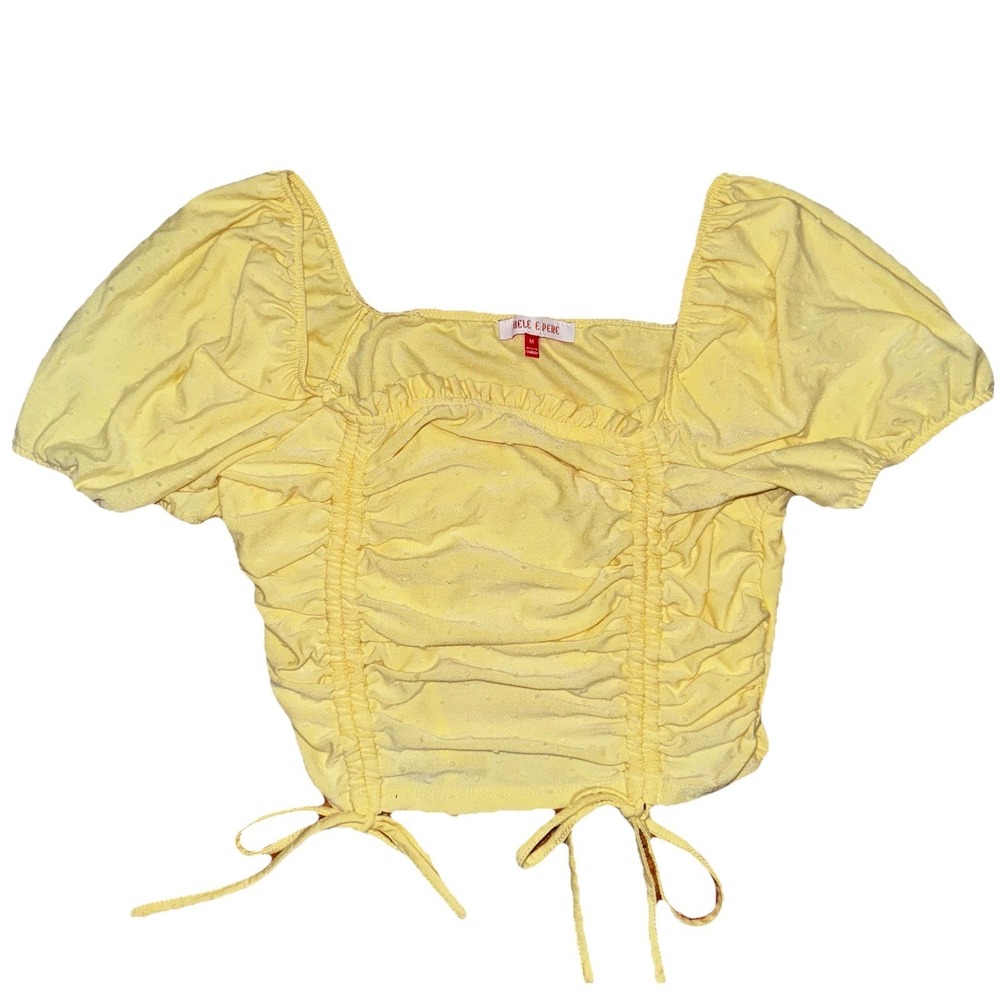 Mele E Pere Yellow Textured Ruffle Cropped Top MEDIUM Puffy Short Sleeves Women